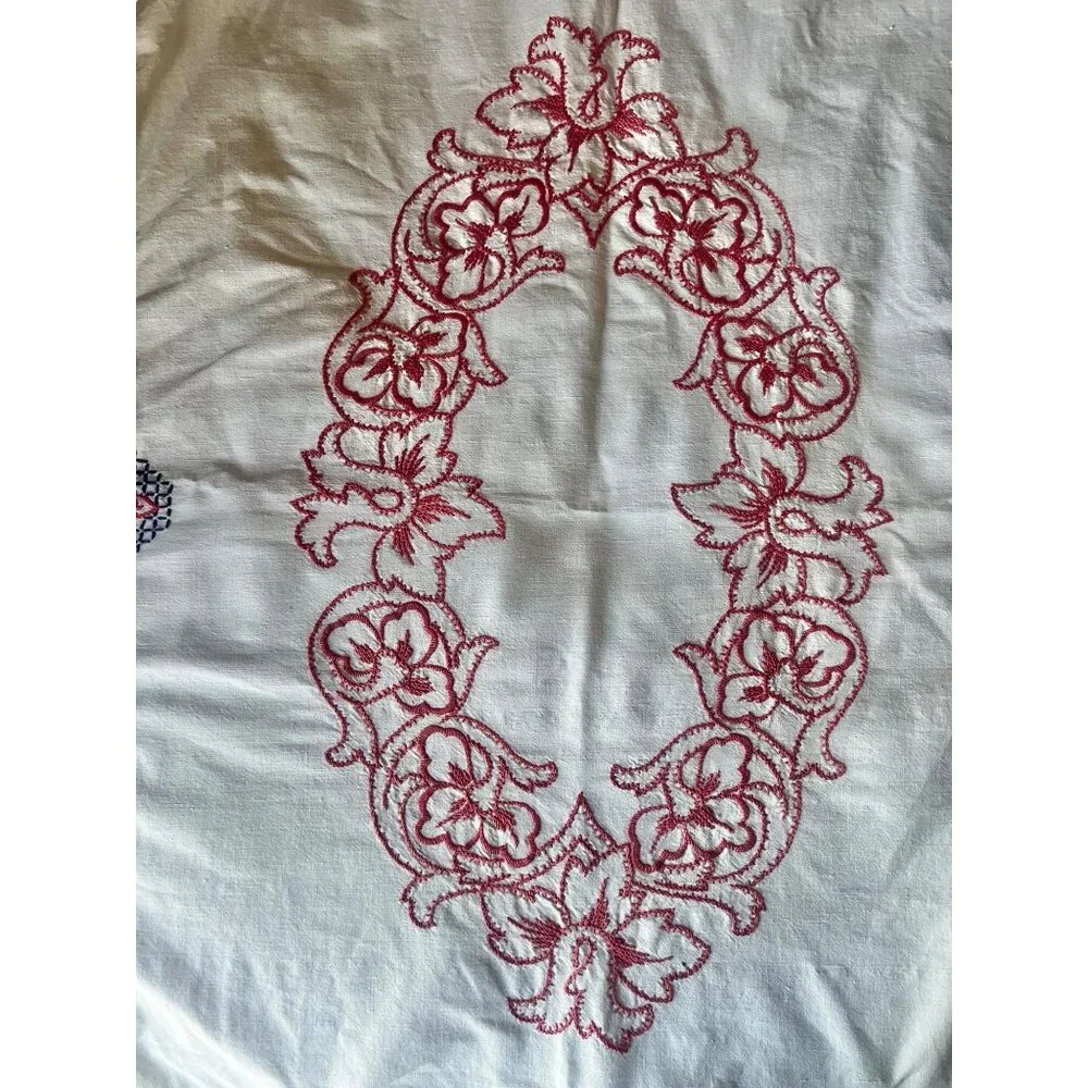 Hand-Embroidered White Cotton Tablecloth Coral & Dark Blue Griffin Floral Motif